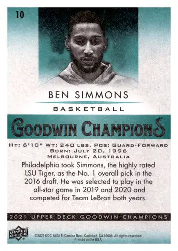 Ben Simmons basketball card from 2021 Upper Deck Goodwin Champions series