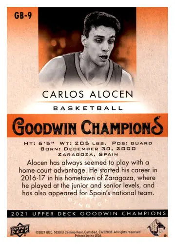 Carlos Alocen basketball card from 2021 Upper Deck Goodwin Champions basketball collection