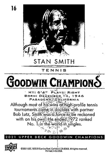 Stan Smith tennis card from 2021 Upper Deck Goodwin Champions Platinum series