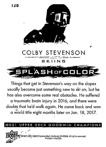 Trading card featuring skier Colby Stevenson from 2021 Upper Deck Goodwin Champions