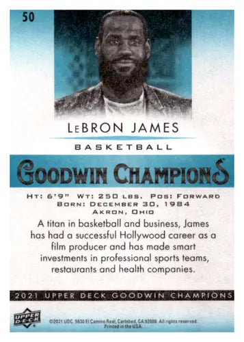 LeBron James basketball card from 2021 Upper Deck Goodwin Champions Turquoise collection