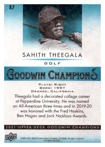 Sahith Theegala golf card from 2021 Upper Deck Goodwin Champions Turquoise Series