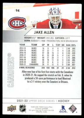 2021 Upper Deck Jake Allen #94 Goalie Hockey - Hockey Card Single
