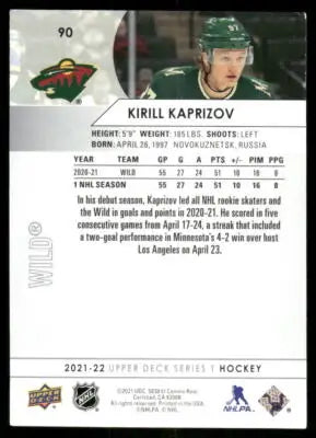 2021 Upper Deck Kirill Kaprizov #90 1st NHL Season Hockey - Hockey Card Single