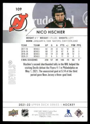 2021 Upper Deck Nico Hischier #109 Hockey - Hockey Card Single