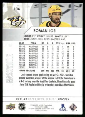 2021 Upper Deck Roman Josi #104 Hockey - Hockey Card Single
