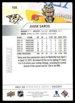 2021 Upper Deck Series 1 Juuse Saros #105 - Hockey Card Single