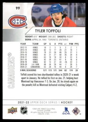 2021 Upper Deck Tyler Toffoli #99 Hockey - Hockey Card Single