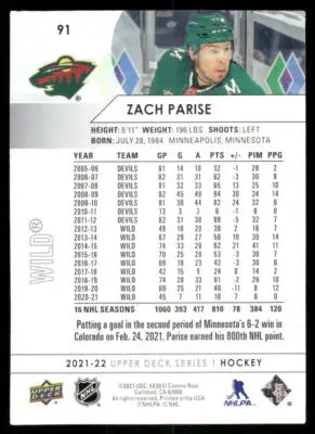 2021 Upper Deck Zach Parise #91 Hockey - Hockey Card Single