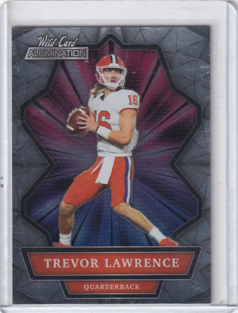 Wild Card Trevor Lawrence football card in protective sleeve from Clemson Tigers 2021 series