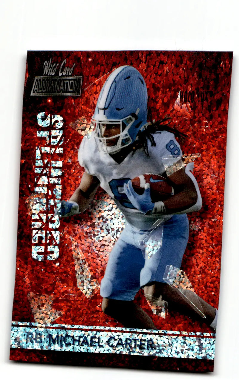 Football trading card of Michael Carter Splintered Red Holo-Lux from 2021 Wild Card Allumination
