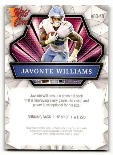 Javonte Williams football card from 2021 Wild Card Alumination series showcasing card alumination