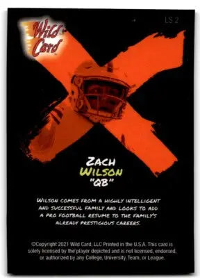 Black Zach Wilson football card with orange X and helmet from 2021 Wild Card Alumination