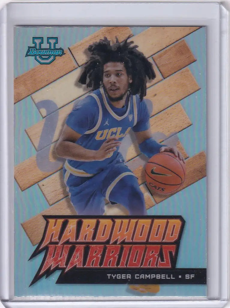 Basketball trading card of Tyger Campbell in blue UCLA uniform from Bowman Best Basketball