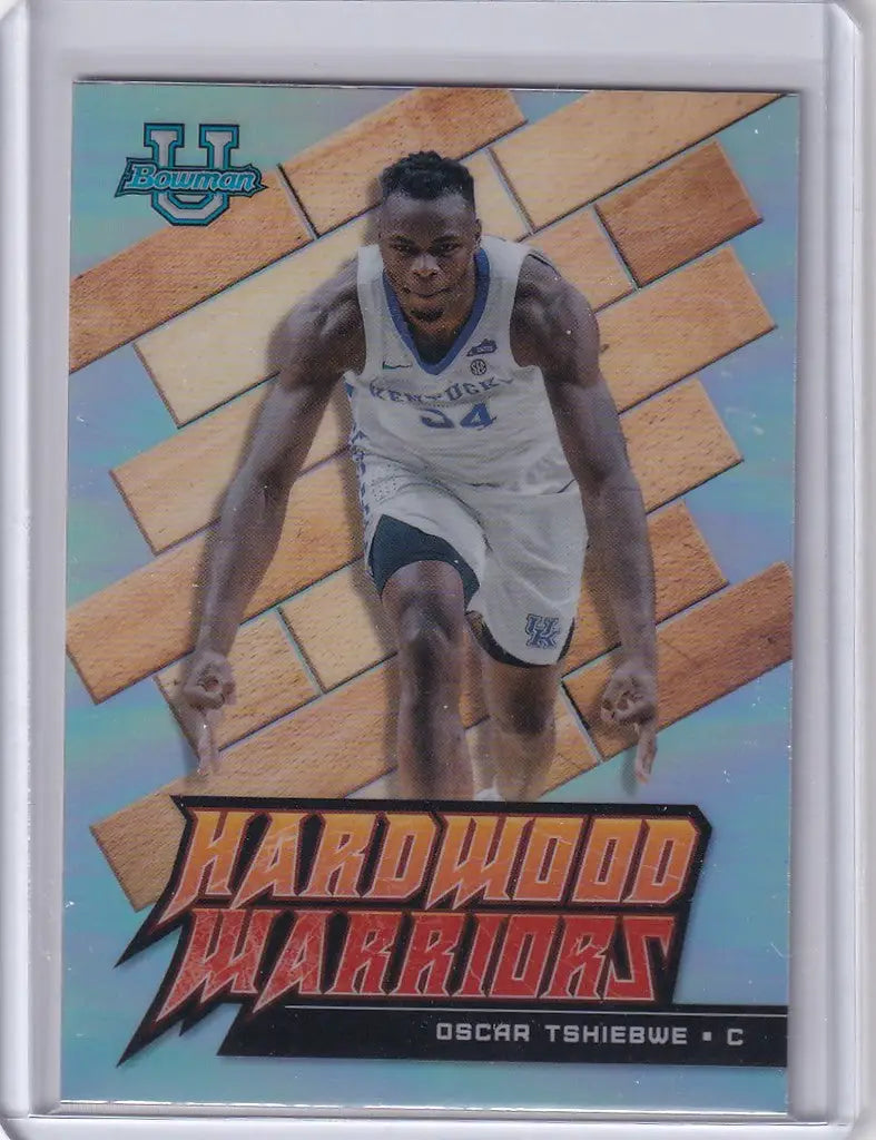 Basketball trading card of Oscar Tshiebwe in 2022-23 Bowman Best Hardwood Warriors uniform