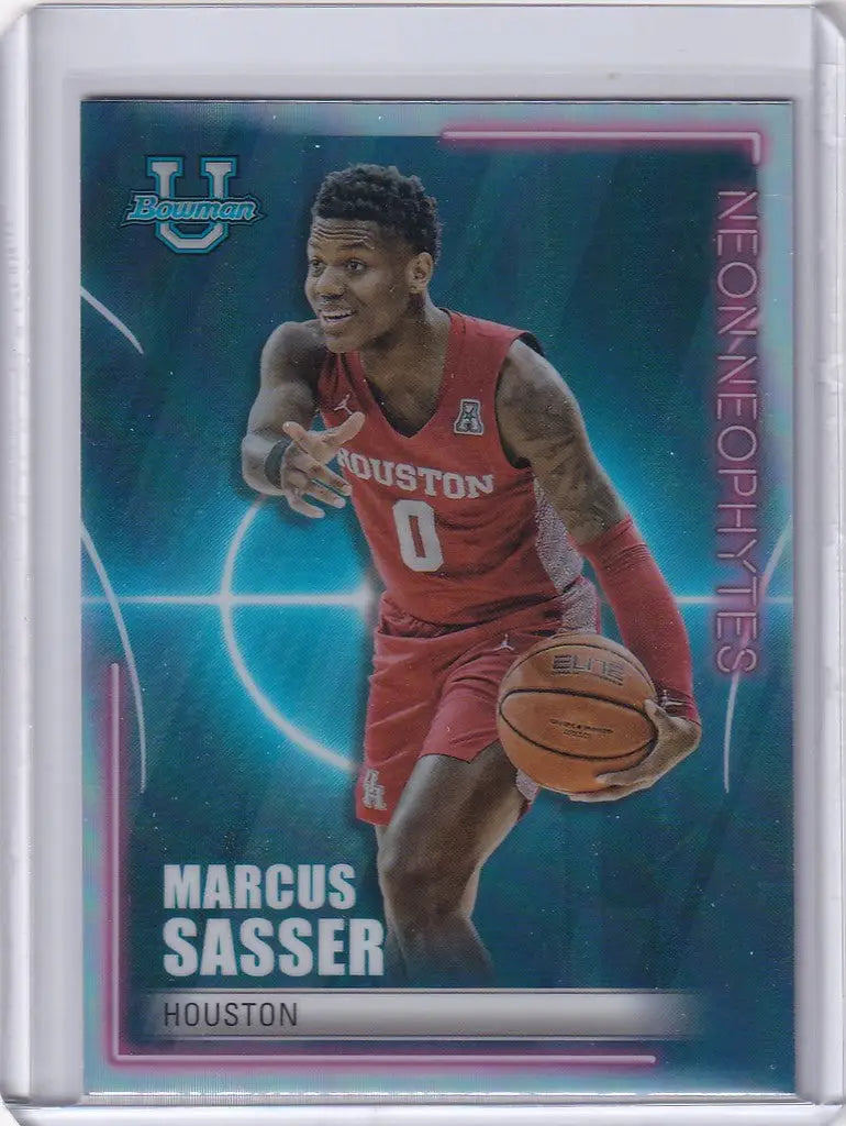 Basketball trading card of Marcus Sasser in red Houston uniform from Bowman Best Basketball