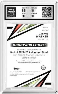 A graded Jarace Walker autograph basketball card from 2022-23 Bowman University Best of 22-23 Auto Refractor