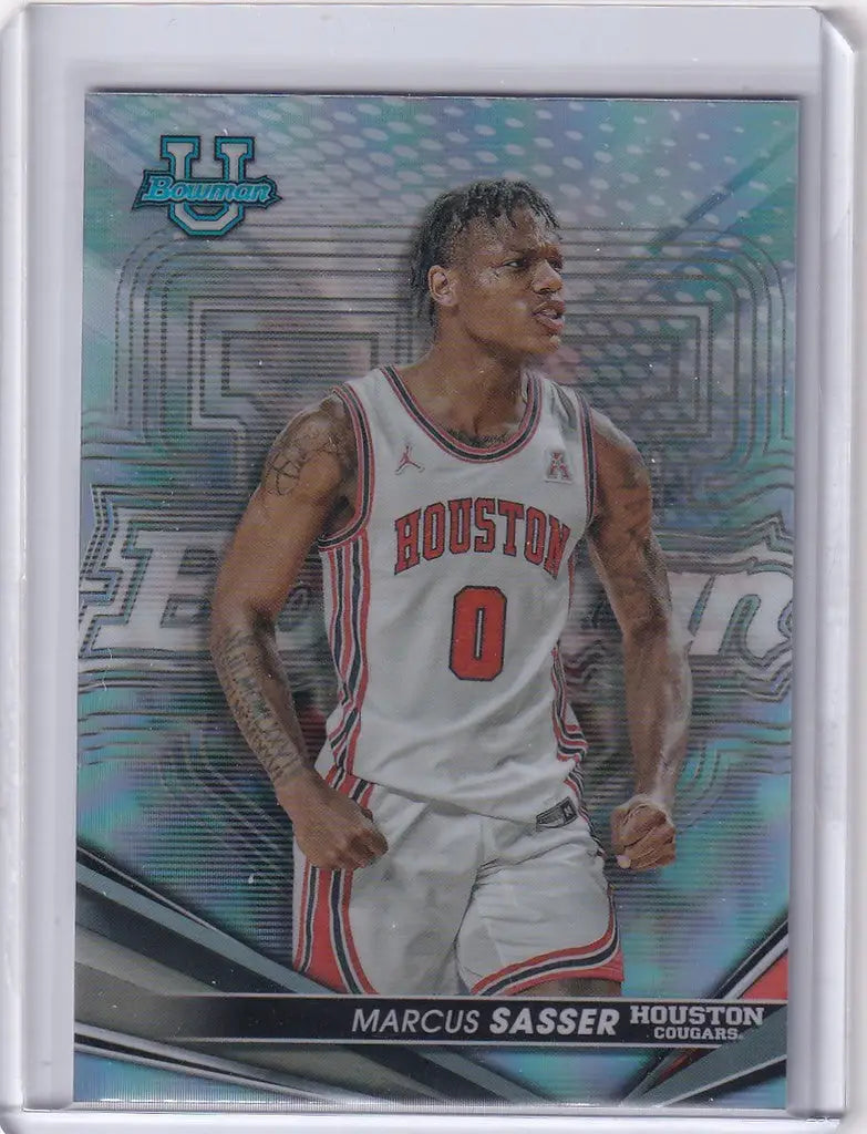 Basketball trading card of Marcus Sasser in white jersey for Bowman University Best