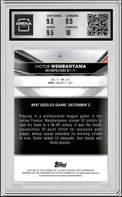 2022-23 Bowman University Best Victor Wembanyama #51 Basketball AC 10 - Basketball Card Single
