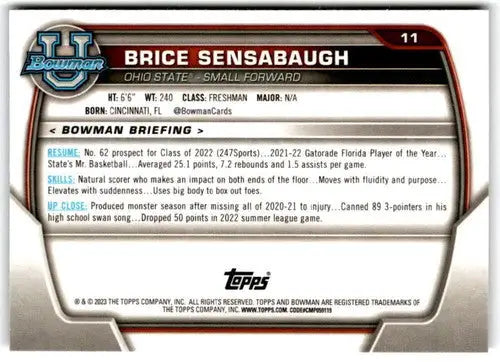 2022-23 Bowman University Chrome #11 Brice Sensabaugh NM Near Mint 1st ID:65352 - Basketball Card Single