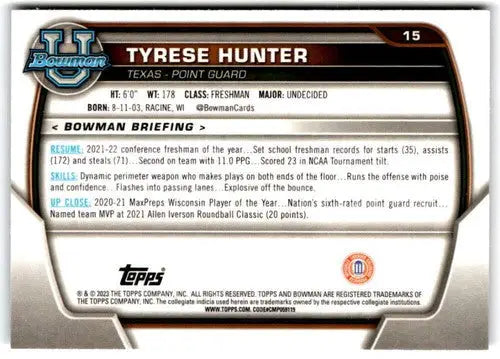 Basketball card back featuring original gloss from Bowman University Chrome Tyrese Hunter