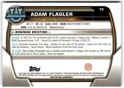 Adam Flagler basketball card from Bowman University Chrome with original gloss near mint