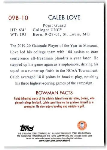 Caleb Love basketball card from Bowman University Chrome 2022-23 with original gloss