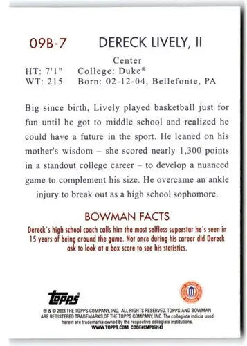 Dereck Lively II basketball card from 2022-23 Bowman University Chrome collection