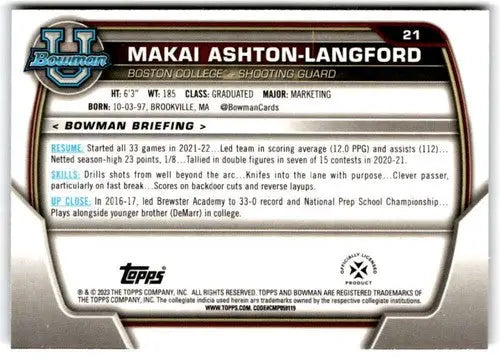 2022-23 Bowman University Chrome #21 Makai Ashton-Langford NM Near Mint ID:65362 - Basketball Card Single