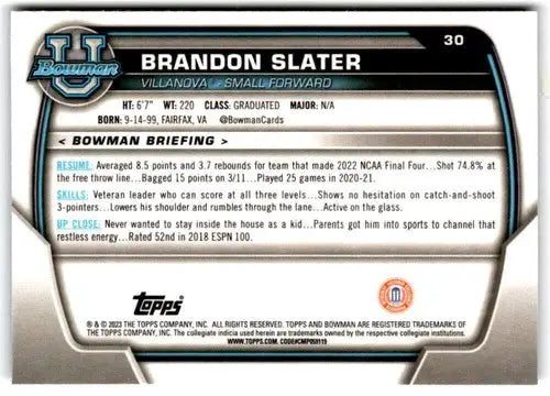 Brandon Slater basketball card from Bowman University Chrome 2022-23 collection