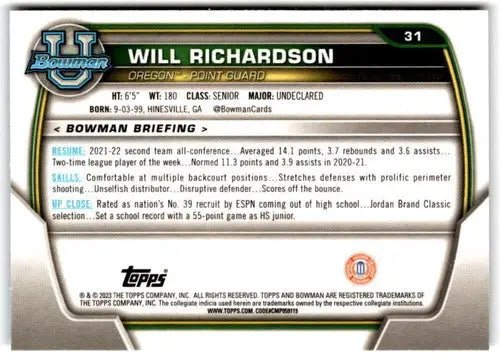 Basketball card back showing original gloss for Bowman University Chrome Will Richardson