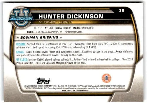 2022-23 Bowman University Chrome #36 Hunter Dickinson NM Near Mint ID:65375 - Basketball Card Single