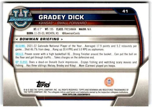 2022-23 Bowman University Chrome #41 Gradey Dick NM Near Mint 1st Bowma ID:65380 - Basketball Card Single