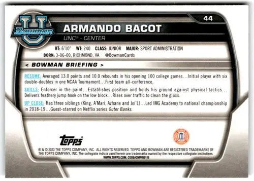Armando Bacot basketball card from Bowman University Chrome 2022-23 collection