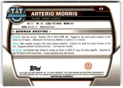 Original gloss Bowman University Chrome Arterio Morris basketball card in near mint condition
