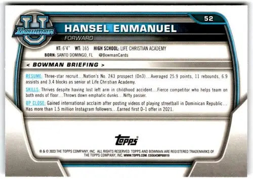 2022-23 Bowman University Chrome #52 Hansel Enmanuel NM Near Mint 1st B ID:65389 - Basketball Card Single