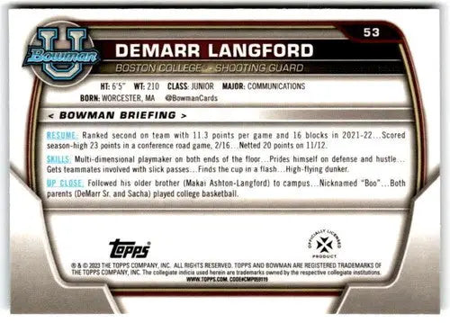 Basketball card back showcasing Bowman University Chrome original gloss for Demarr Langford