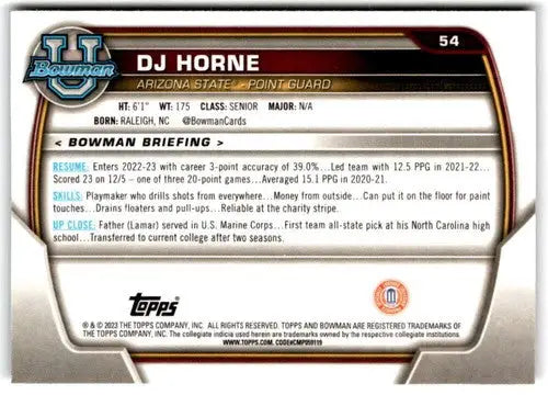 2022-23 Bowman University Chrome DJ Horne basketball card in pristine condition