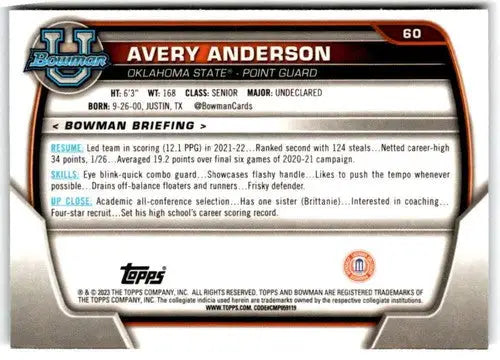 2022-23 Bowman University Chrome #60 Avery Anderson NM Near Mint 1st Bo ID:65393 - Basketball Card Single