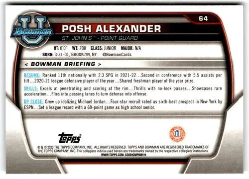 2022-23 Bowman University Chrome #64 Posh Alexander NM Near Mint 1st Bo ID:65398 - Basketball Card Single