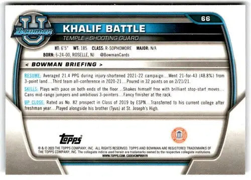 2022-23 Bowman University Chrome #66 Khalif Battle NM Near Mint 1st Bow ID:65400 - Basketball Card Single