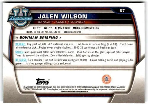 2022-23 Bowman University Chrome #67 Jalen Wilson NM Near Mint 1st Bowm ID:65402 - Basketball Card Single