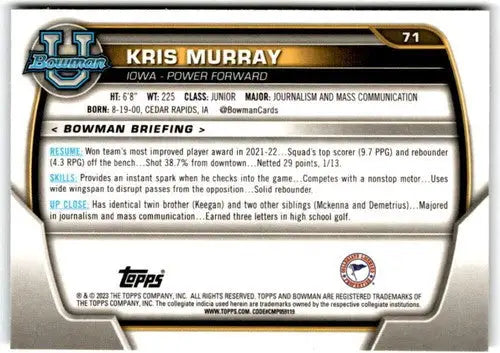Kris Murray basketball card from Bowman University Chrome 2022-23 collection