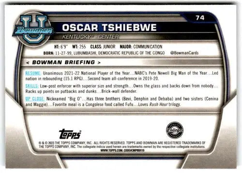Oscar Tshiebwe basketball card back from Bowman University Chrome 2022-23 collection