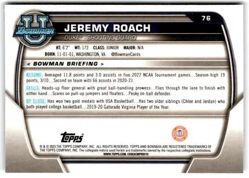 Jeremy Roach basketball card from Bowman University Chrome original gloss in near mint condition