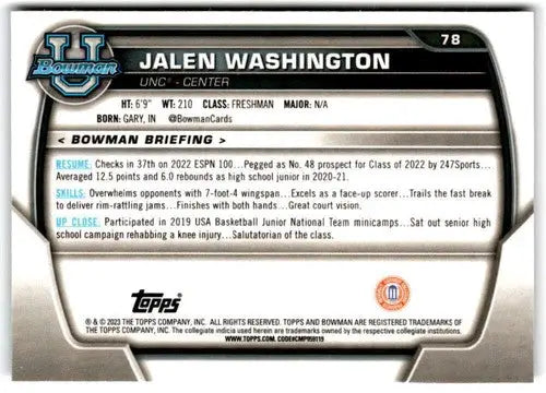 2022-23 Bowman University Chrome #78 Jalen Washington NM Near Mint 1st ID:65411 - Baseball Card Single
