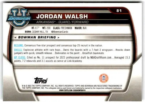 2022-23 Bowman University Chrome #81 Jordan Walsh NM Near Mint 1st Bowm ID:65413 - Basketball Card Single