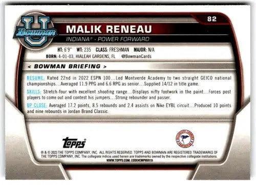 Original gloss Bowman University Chrome Malik Reneau basketball card 2022-23