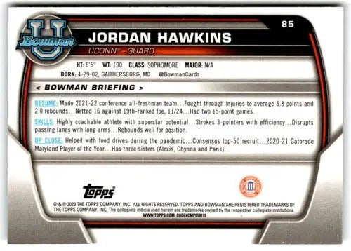 Original gloss Bowman University Chrome Jordan Hawkins basketball card in pristine condition