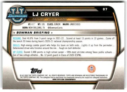 Basketball card back showing original gloss from Bowman University Chrome 2022-23 LJ Cryer